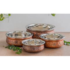 Indian Art Villa, Pure  Steel Copper Embossed Design Serving Handi/Bowl/Casserole, Ideal for Home & Restaurant Tableware and Serveware