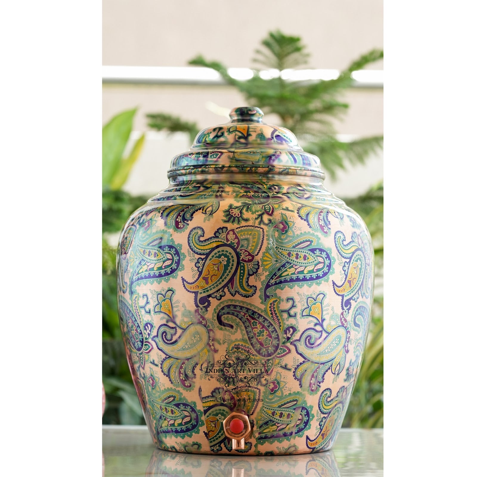 Copper Water Pot/Dispenser/ Matka in Green Paisley Printed Design with Brass Tap,13 Ltr