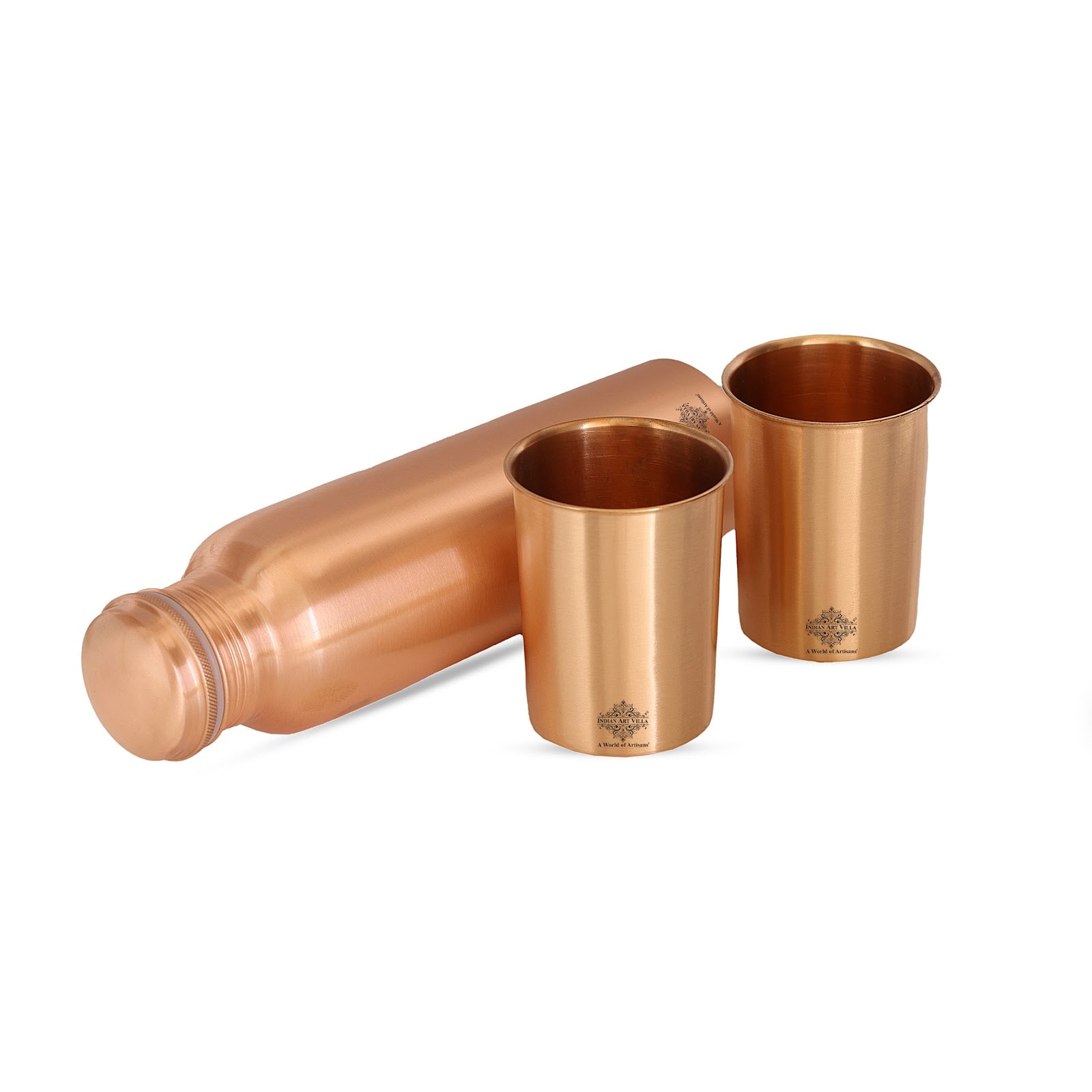 Pure Copper Matt Finish Lacquer Coated Water Bottle & 2 Glass