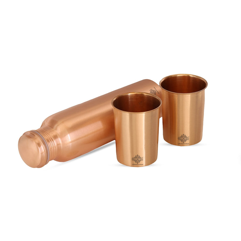 Pure Copper Matt Finish Lacquer Coated Water Bottle & 2 Glass