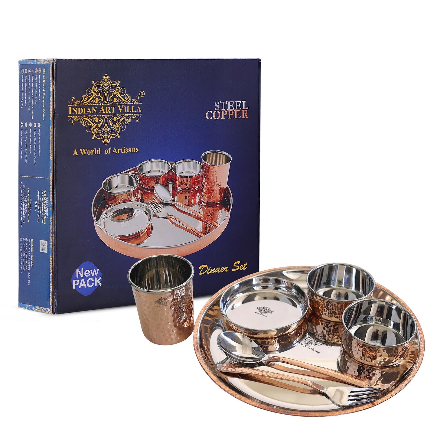 Steel Copper Hammered Design 7 Pieces Dinner Set/Thali Set of 1 Thali, 1 Glass, 1 Spoon, 1 Fork, 1 Small Plate & 2 Bowls, Dinnerware, Tableware Or Crockery