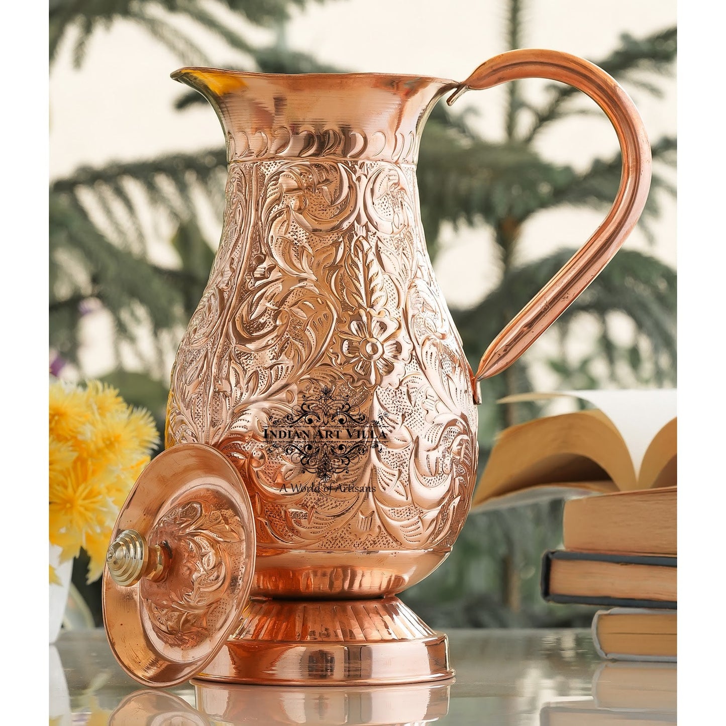 Pure Copper Antique Hammered Design Mughlai Jug with Lid