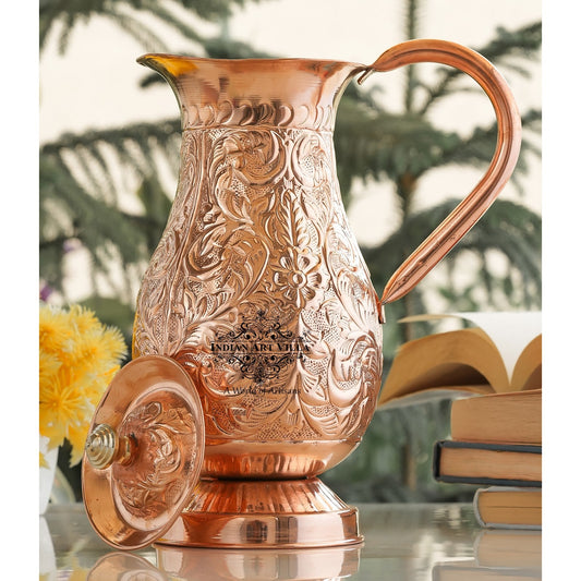 Pure Copper Antique Hammered Design Mughlai Jug with Lid