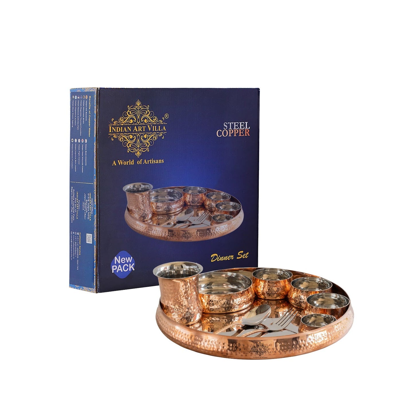 Steel Copper 9-Piece Curve Thali Set, Hammered Shine Finish- – Elegant Tableware for Traditional Dining, Perfect for Home, Restaurant, Special Occasions