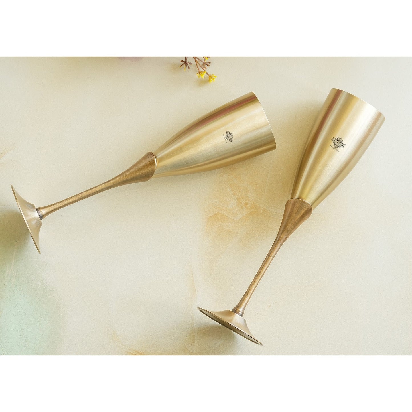 Handmade Pure Brass Set of 2 Antique Finish Champagne Glass Set in Blue Velvet Box