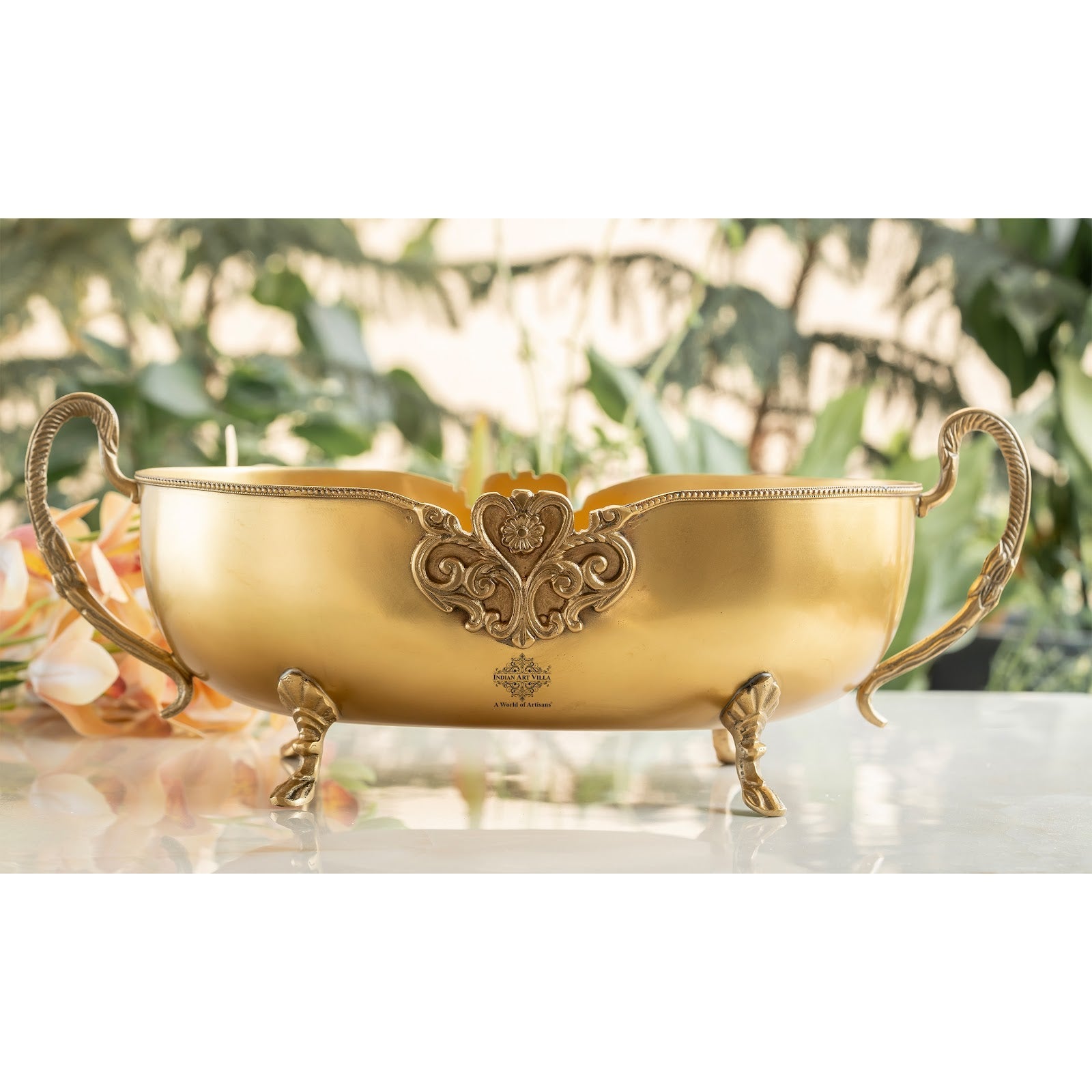 Brass Bowl Embossed Design With Decorative Style Handle