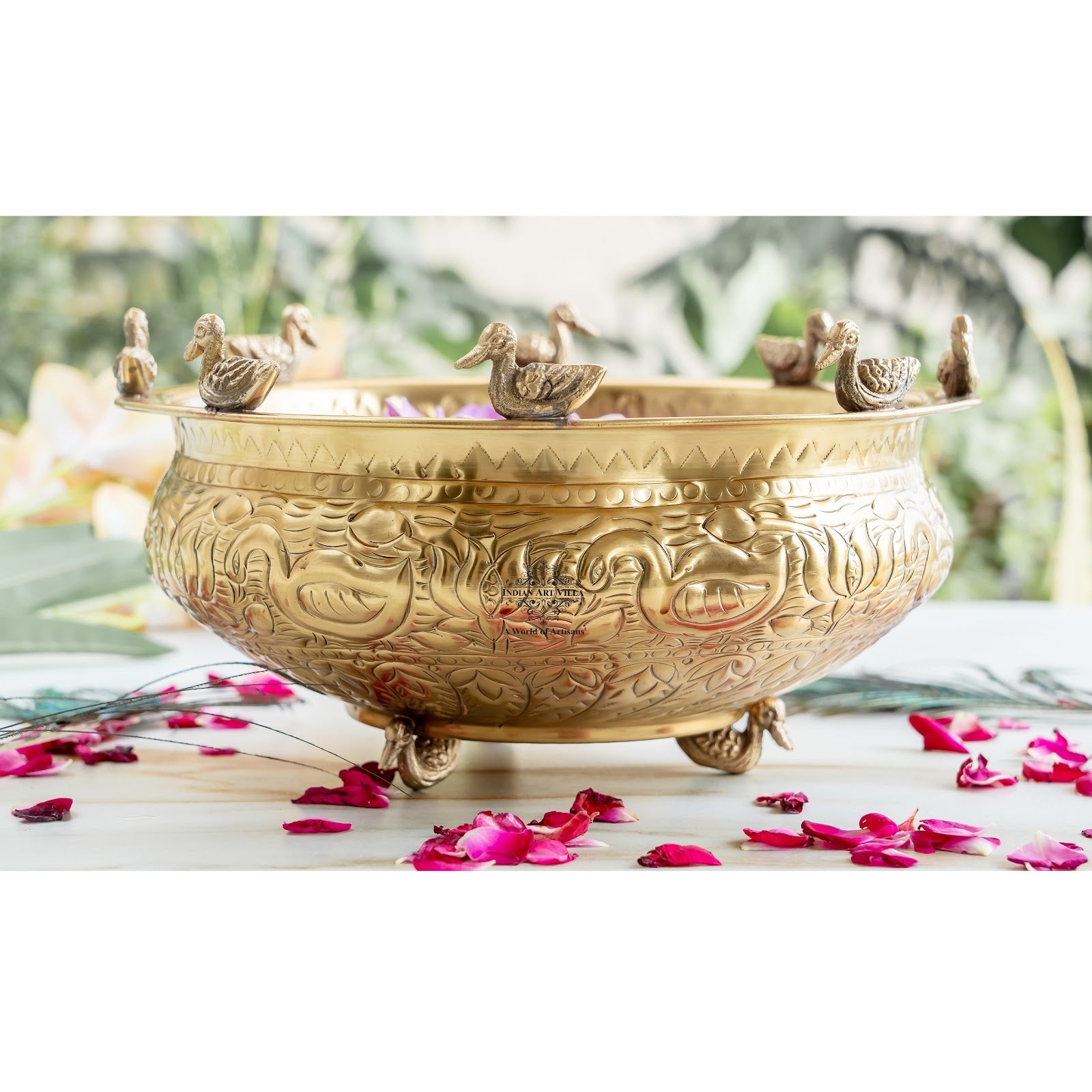 Brass Urli with Embossed Duck & Lotus Flower Design – Traditional Urli