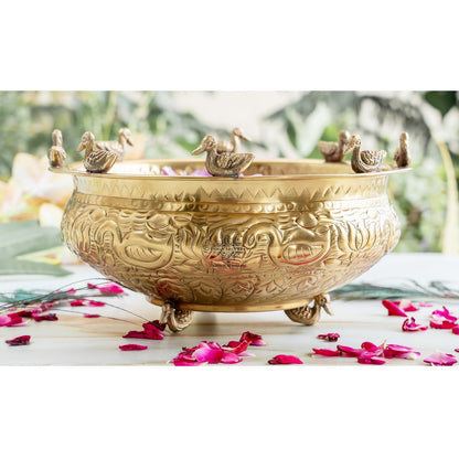 Brass Urli with Embossed Duck & Lotus Flower Design – Traditional Urli