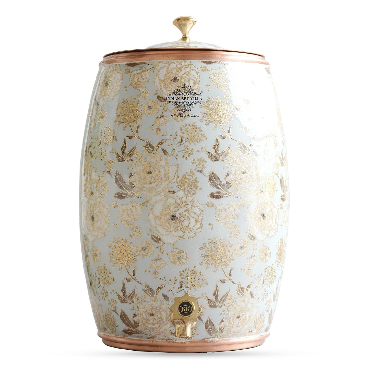 Handcrafted Pure Copper Water Pot with Gold Print Design, Ayurveda Water Vessel, 10 Ltr.