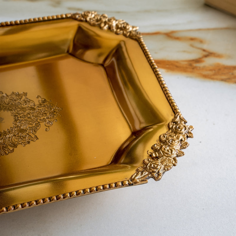 Pure Brass Rectangular Tray with Rose Corner Design