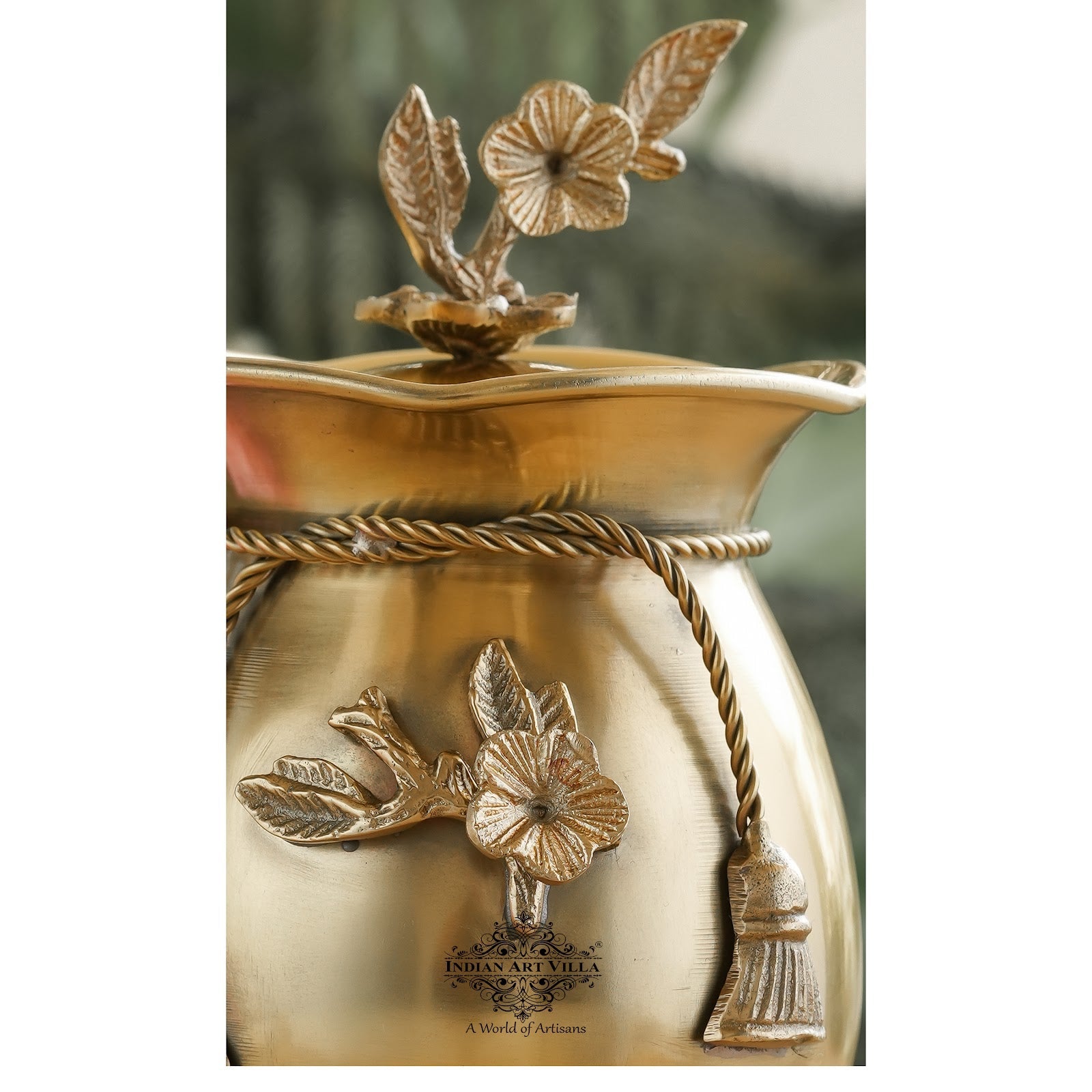 Brass Decorative Handi with Tie Design on Neck and Flower Design Lid