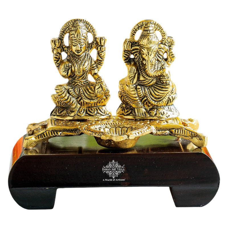 Brass Finish Ganesh Ji With Laxmi JI Murti with Wooden Base
