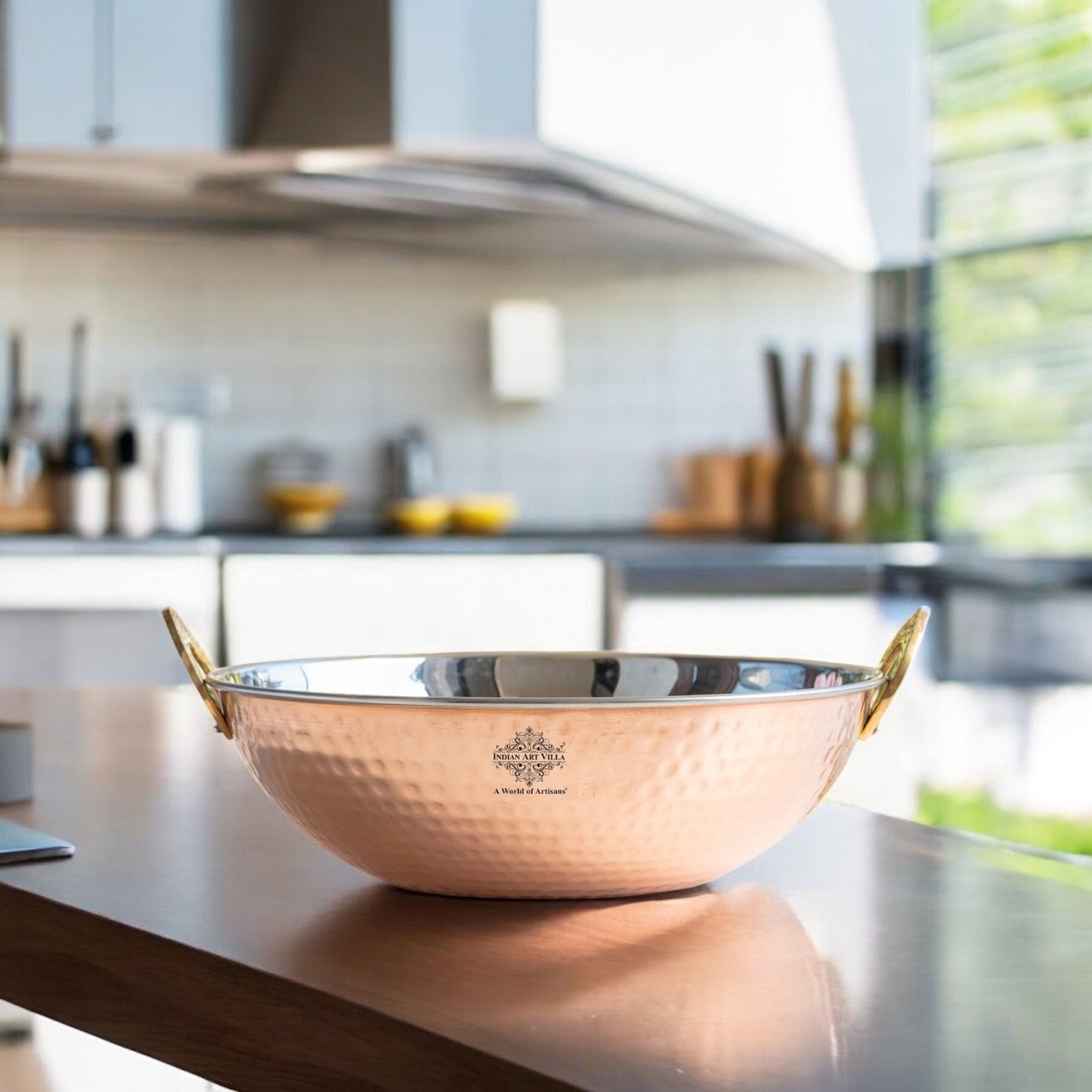 Steel Copper Hammered Design Kadhai - Elegant Serveware with Brass Handles, Traditional Indian Tableware for Dining, Special Occasions & Gifting