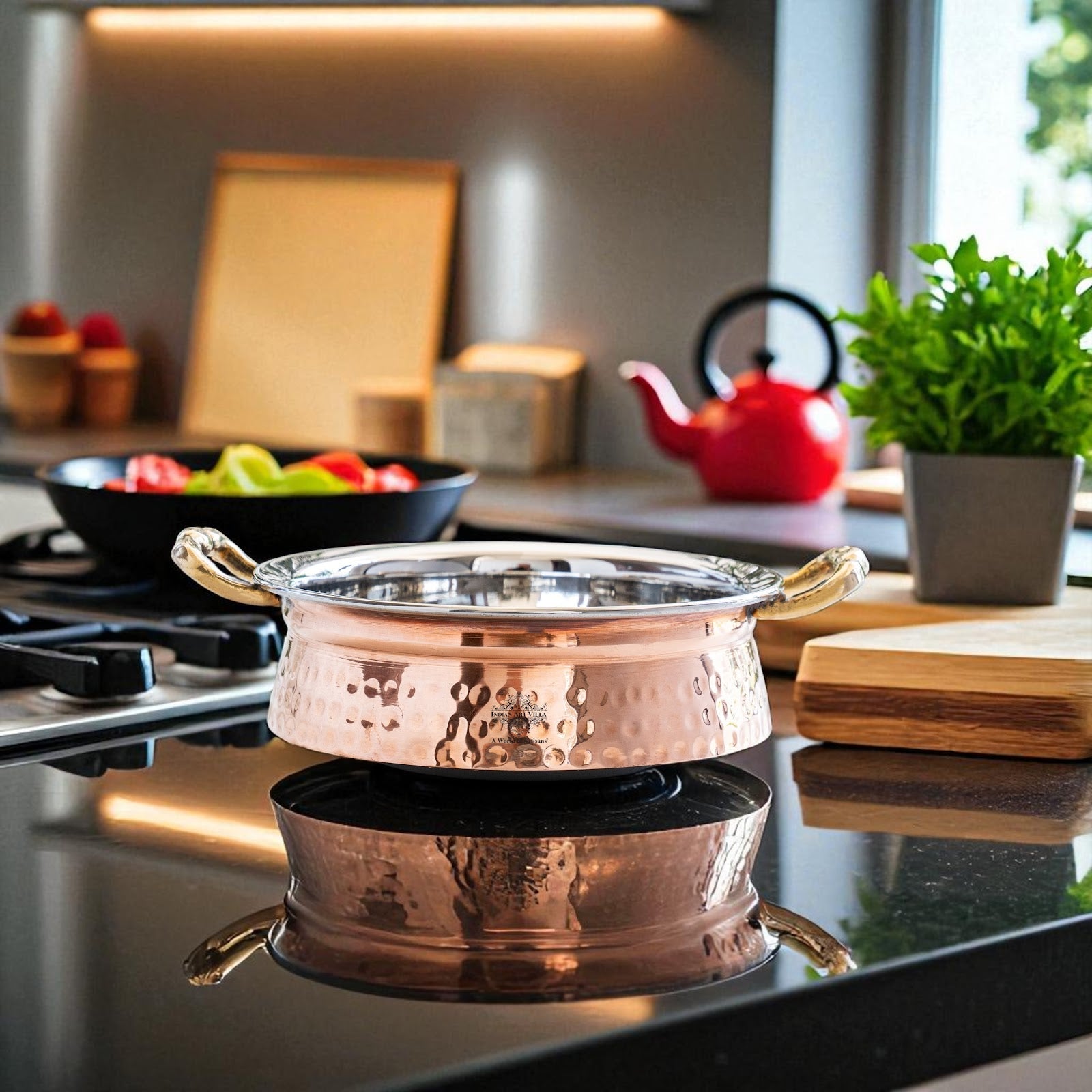 Copper Steel Handi Casserole with Brass Handles & Induction Base