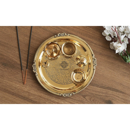 Pure Brass Embossed Puja Thali Set, 6 Pieces Set, 20.32 cm, Poojan Purpose, Spiritual Gift Item
