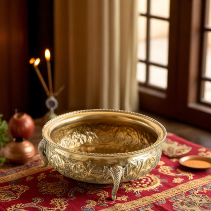 Brass Urli with Elephant Trunk and Embossed Design