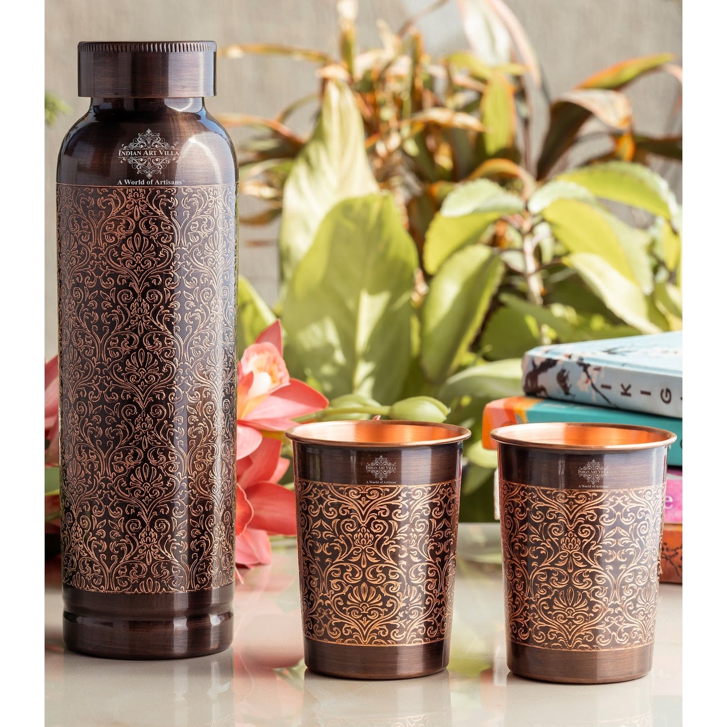Antique Embossed Copper Bottle Gift Set – Includes 1 Designer Copper Bottle & 2 Matching Glasses | Ideal for Daily Use, Ayurvedic Health Benefits, Office Desk, Home Décor & Festive Gifting-1450 ML