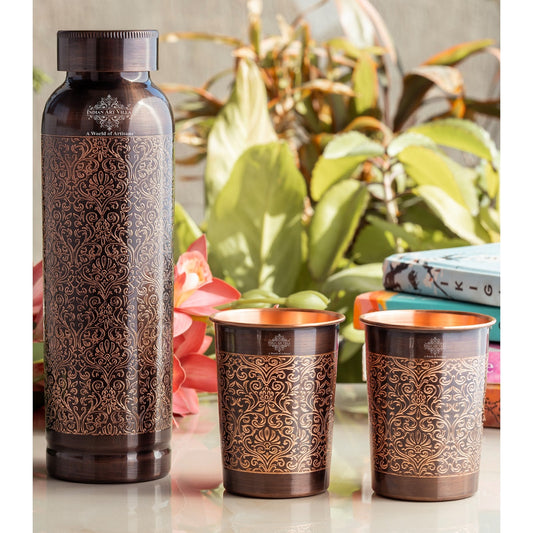 Antique Embossed Copper Bottle Gift Set – Includes 1 Designer Copper Bottle & 2 Matching Glasses | Ideal for Daily Use, Ayurvedic Health Benefits, Office Desk, Home Décor & Festive Gifting-1450 ML