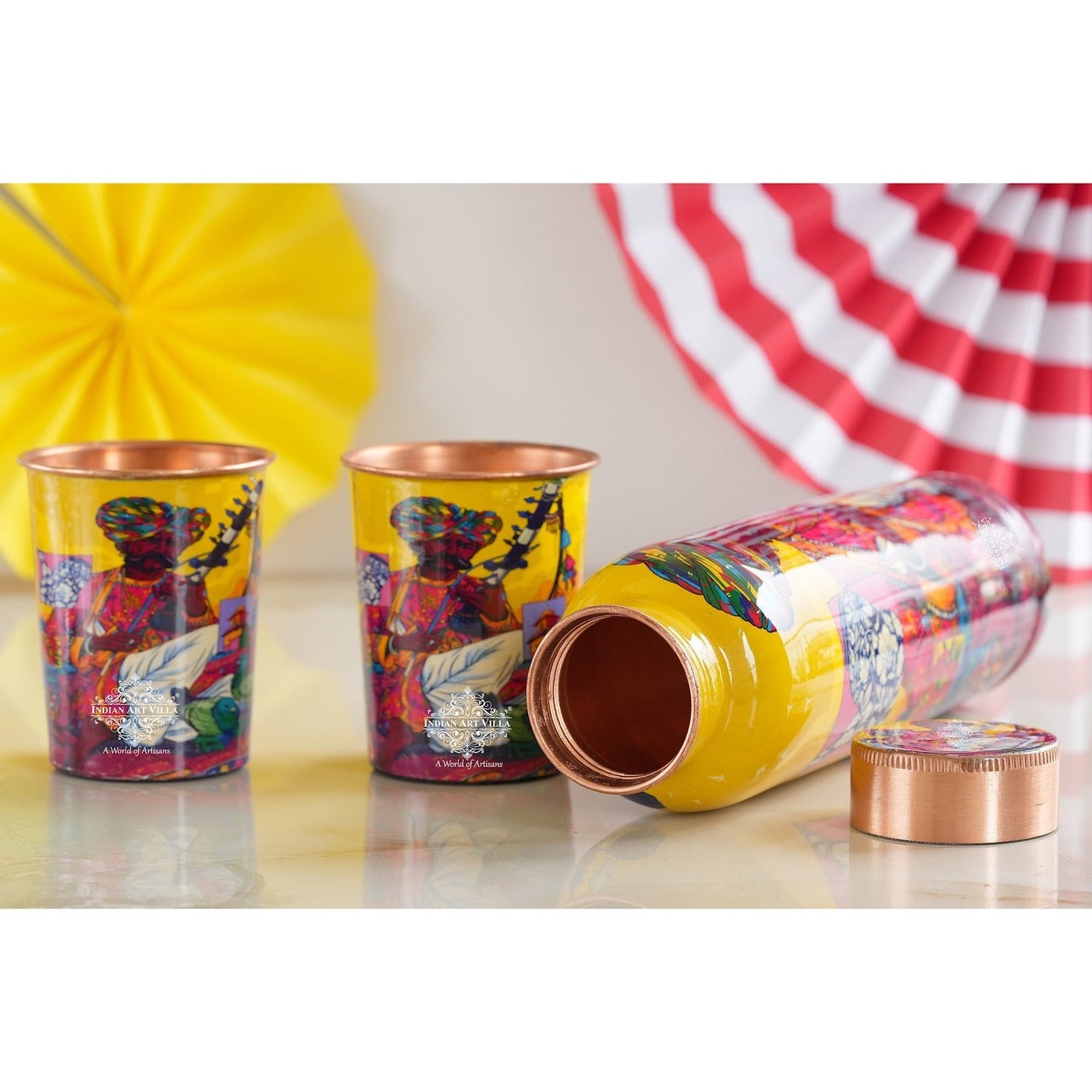 Rajasthani Meena "Padharo Mhare Desh" Printed Copper Bottle & Glass Set