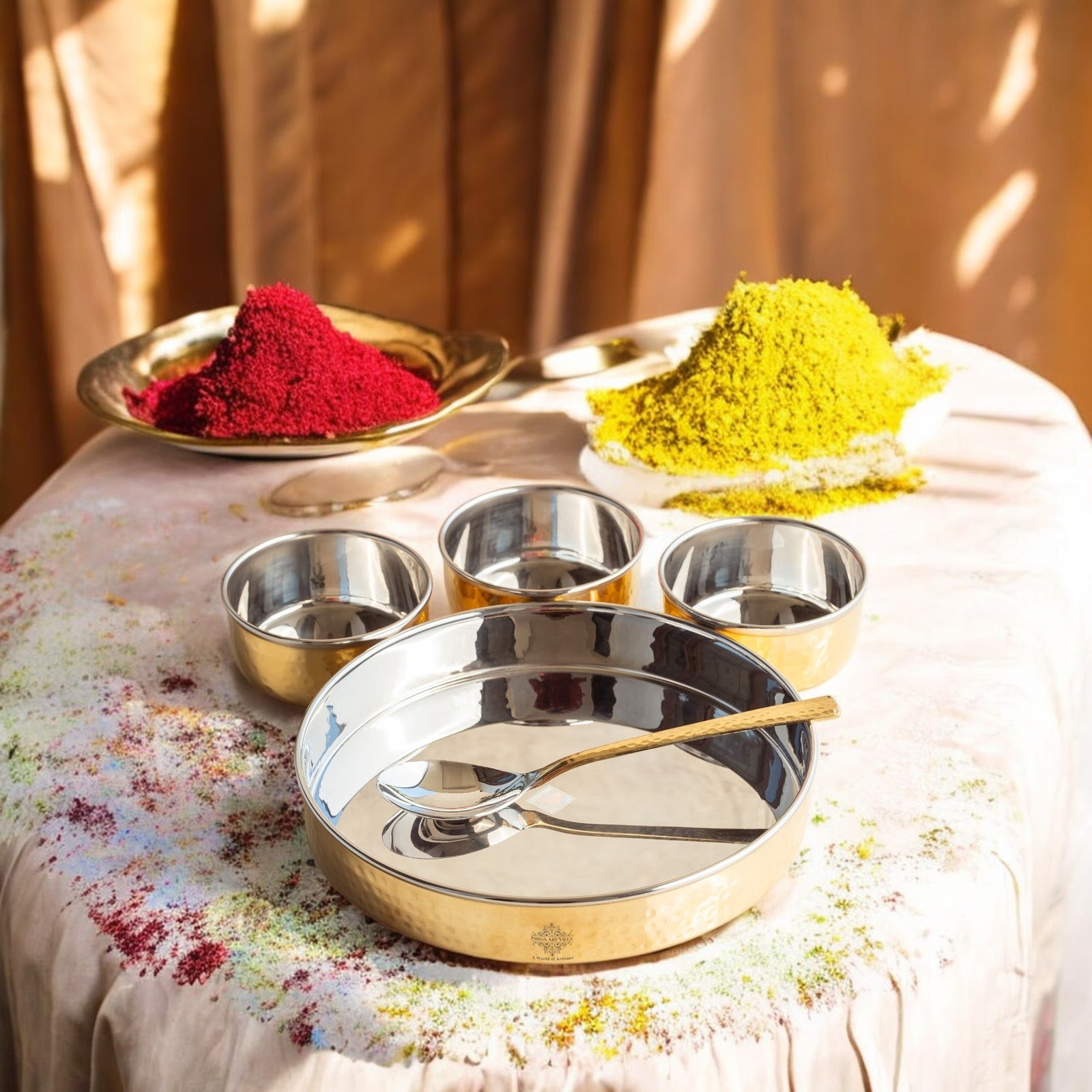 Brass Mukhwas Set – 3 Bowls with 8-Inch Hammered Plate & Spoon | Perfect for Serving Mouth Fresheners, Dry Fruits, Sweets at Home, Parties, Restaurants, and Festive Occasions