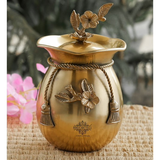 Brass Decorative Handi with Tie Design on Neck and Flower Design Lid