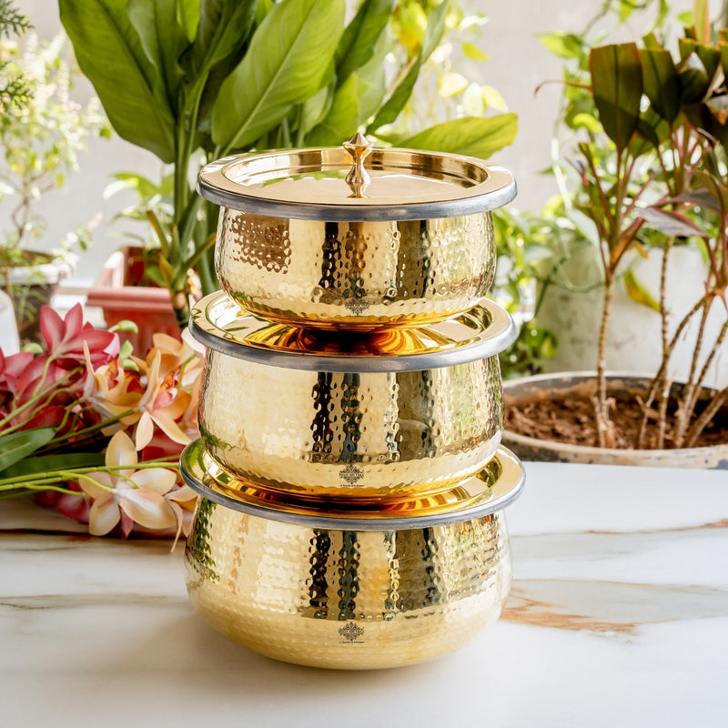 Pure Brass Cooking Handi, Hammered Design with Lid