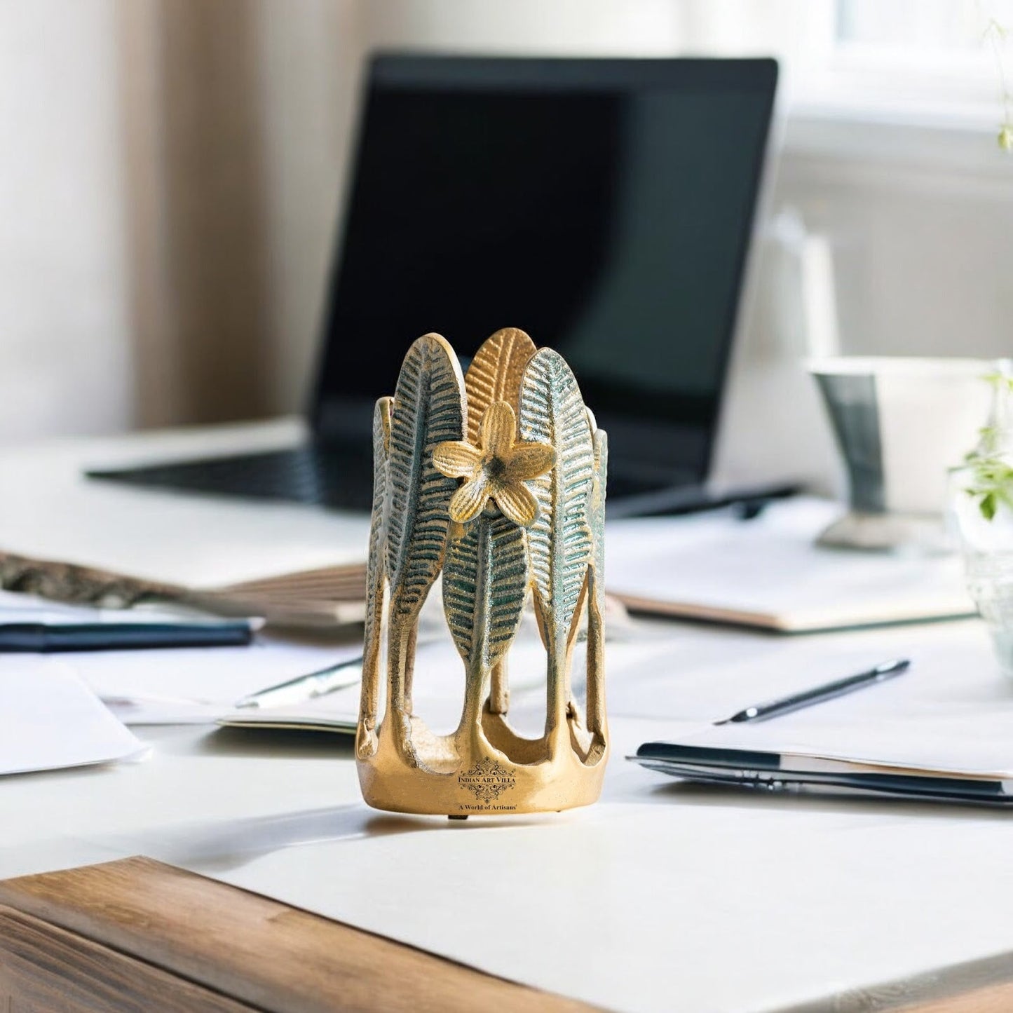 Gold Finish Green Leaf Design Decorative Cutlery Stand– Elegant Handcrafted Multipurpose Holder, Ideal for Dining Table, Kitchen, and Gifting