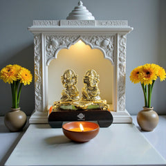 Brass Finish Ganesh Ji With Laxmi JI Murti with Wooden Base