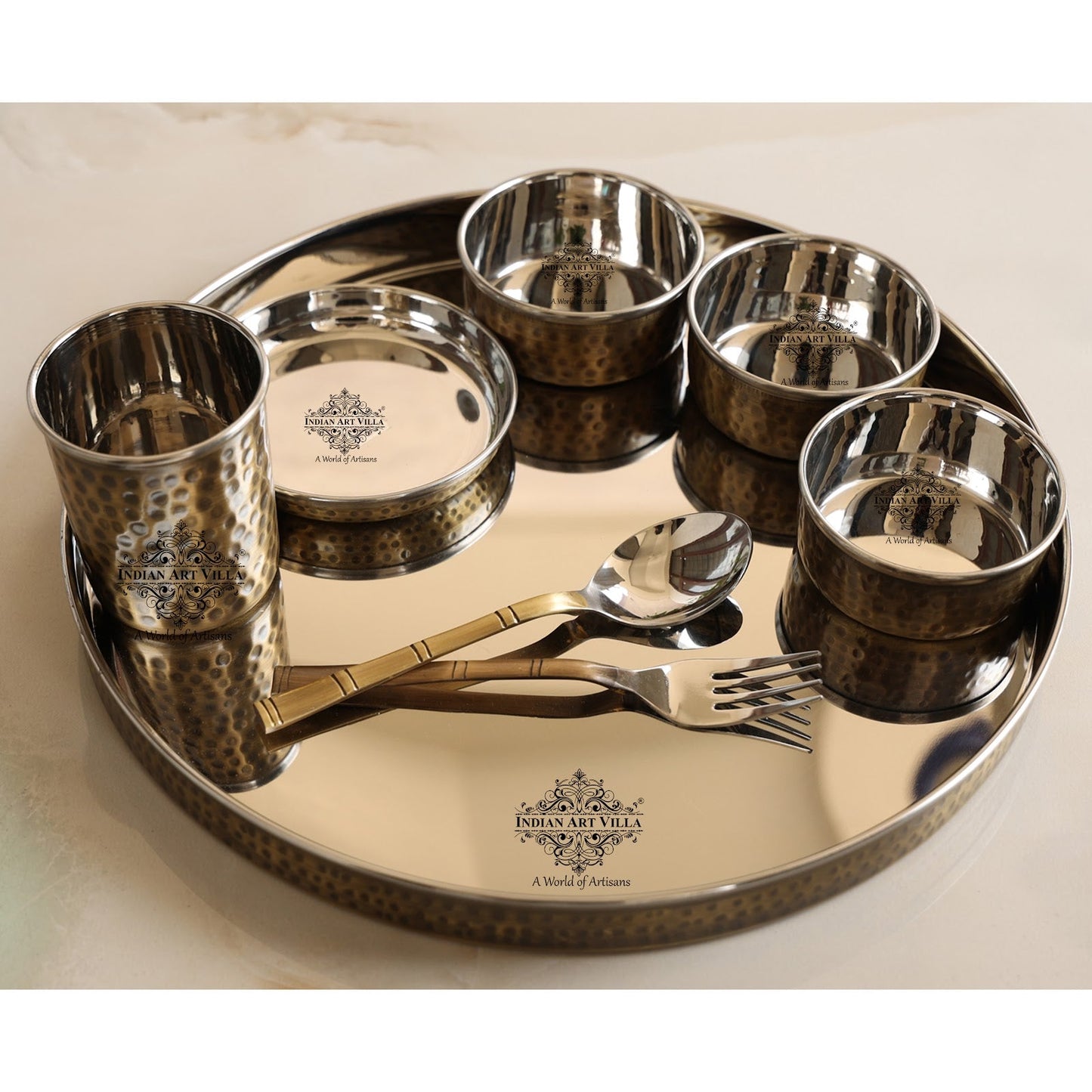Steel Brass Hammered Design Thali Set/ Dinner Set, Antique finish, 33cm 8 Piece set