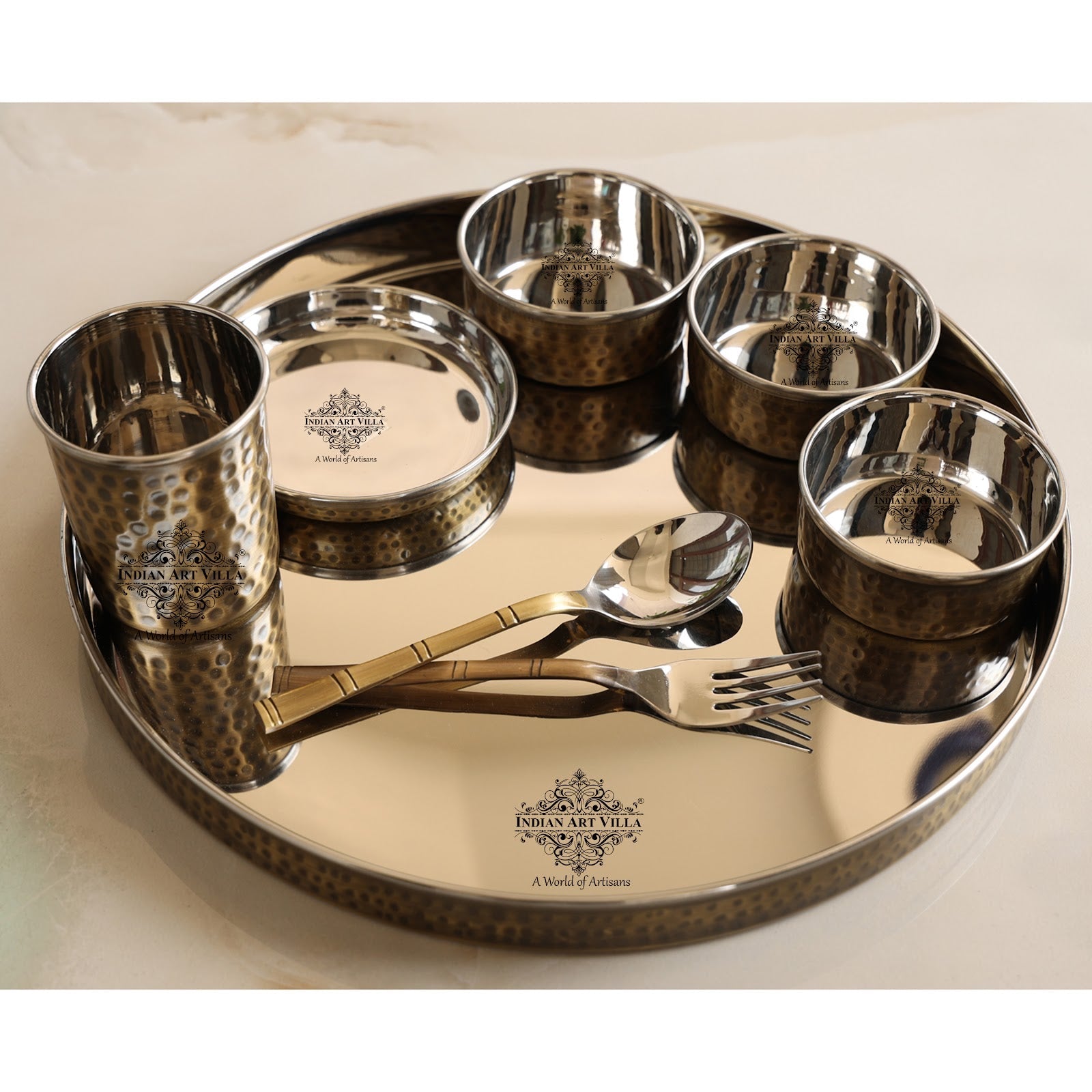Steel Brass Hammered Design Thali Set/ Dinner Set, Antique finish, 33cm 8 Piece set
