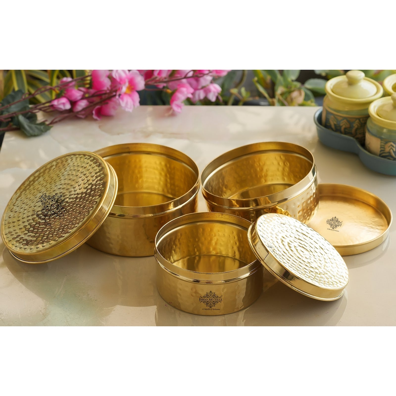 Handmade Brass Storage Container Set with Hammered Design - Set of 3