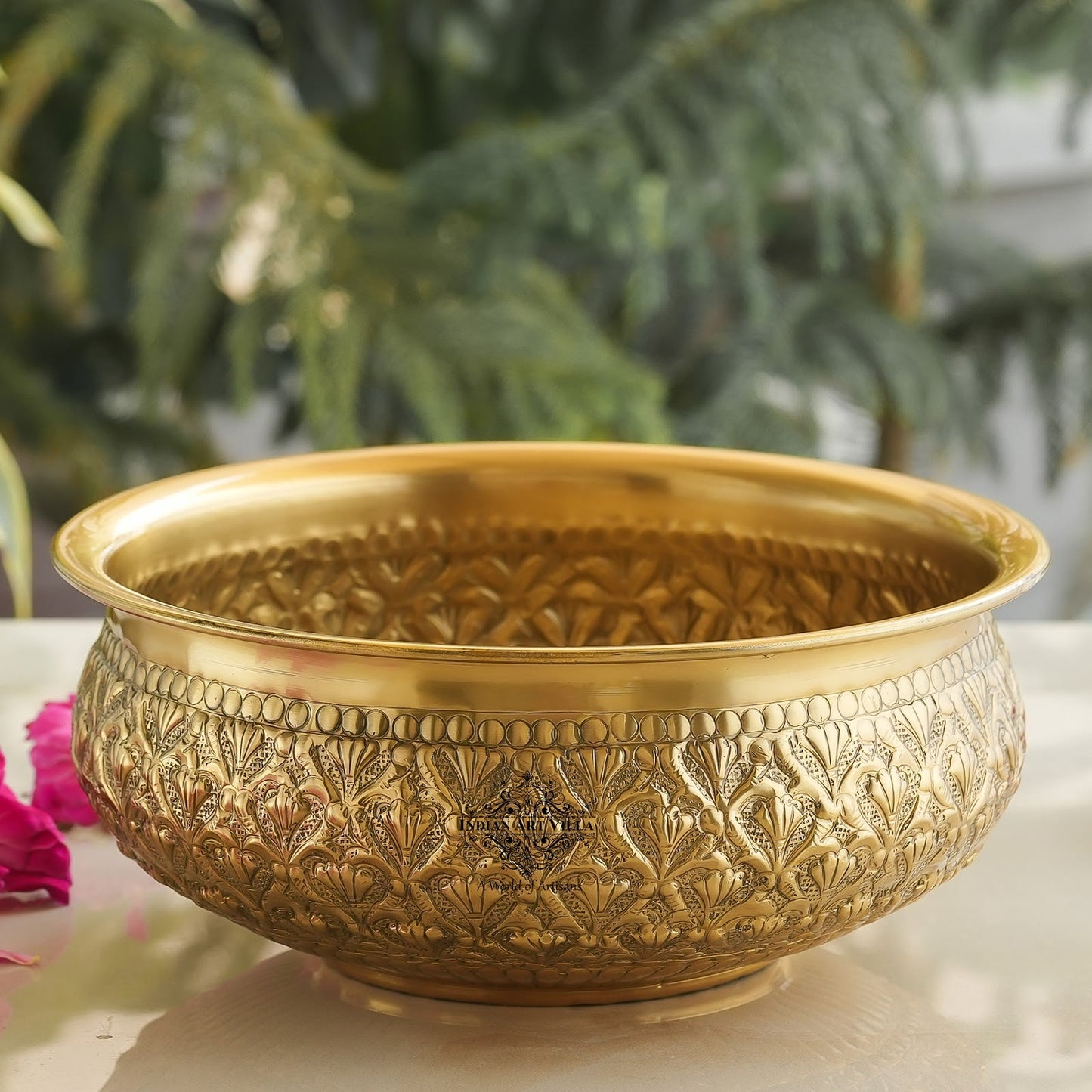 Handcrafted Brass Urli With Embossed Ornate Floral Design