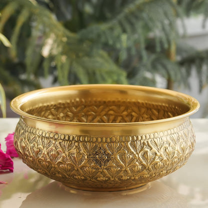 Handcrafted Brass Urli With Embossed Ornate Floral Design