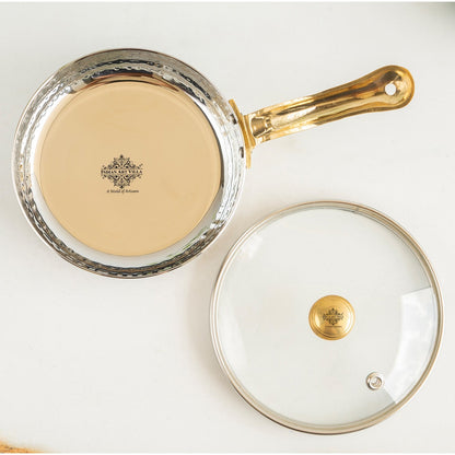 Stainless Steel Hammered Serving Fry Pan with Brass Handle and Glass Lid