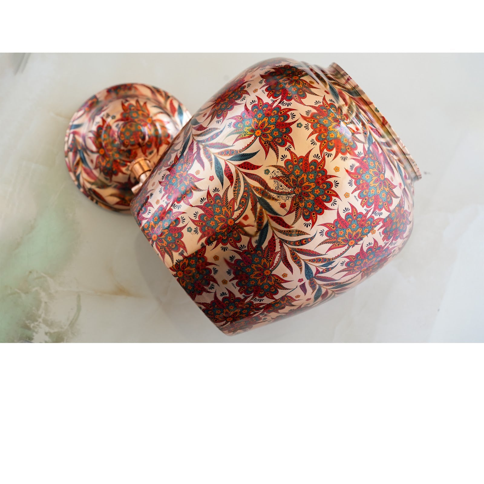 Copper Water Dispenser/Pot/Matka In Red and Blue Floral Print Design with Brass Tap,13 Ltr.