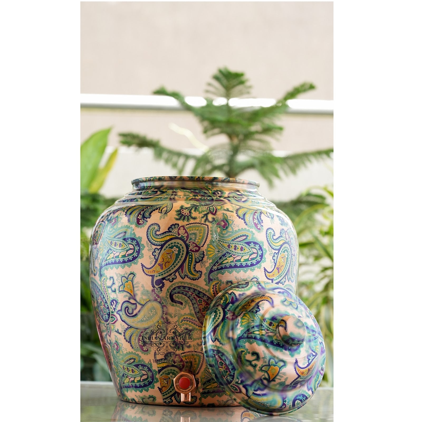 Copper Water Pot/Dispenser/ Matka in Green Paisley Printed Design with Brass Tap,13 Ltr
