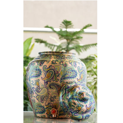 Copper Water Pot/Dispenser/ Matka in Green Paisley Printed Design with Brass Tap,13 Ltr