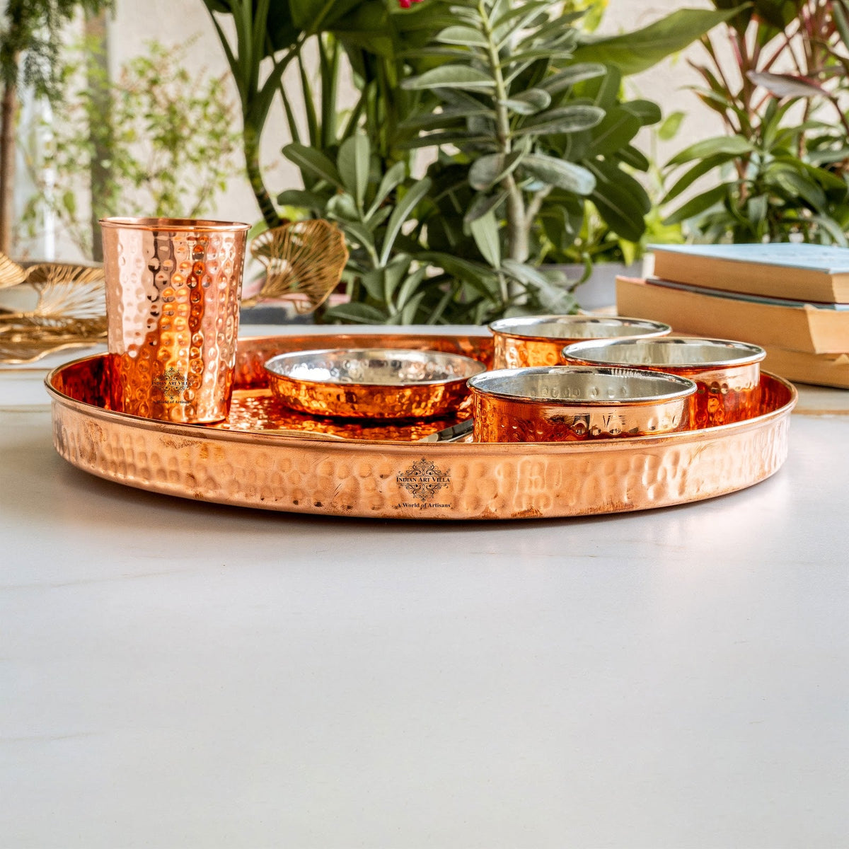 7-Piece Copper Dinner Set, Hammered Thali, 3 Katori, Plate, Glass & Spoon