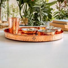 7-Piece Copper Dinner Set, Hammered Thali, 3 Katori, Plate, Glass & Spoon