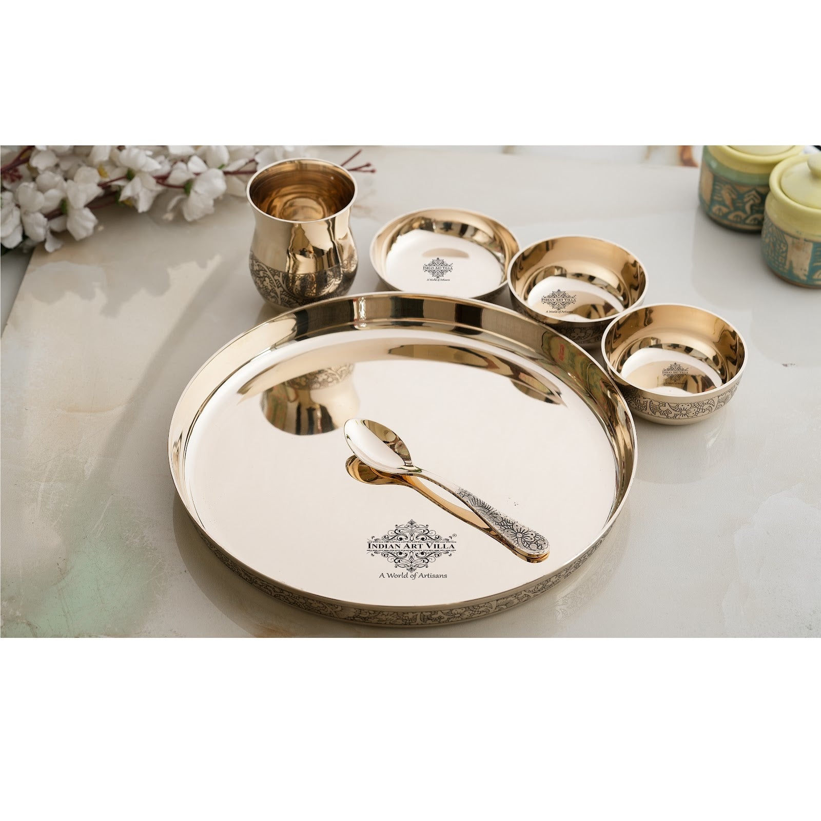 Pure Bronze Thali Set | 6 Pieces Dinner Set With Embossed Design