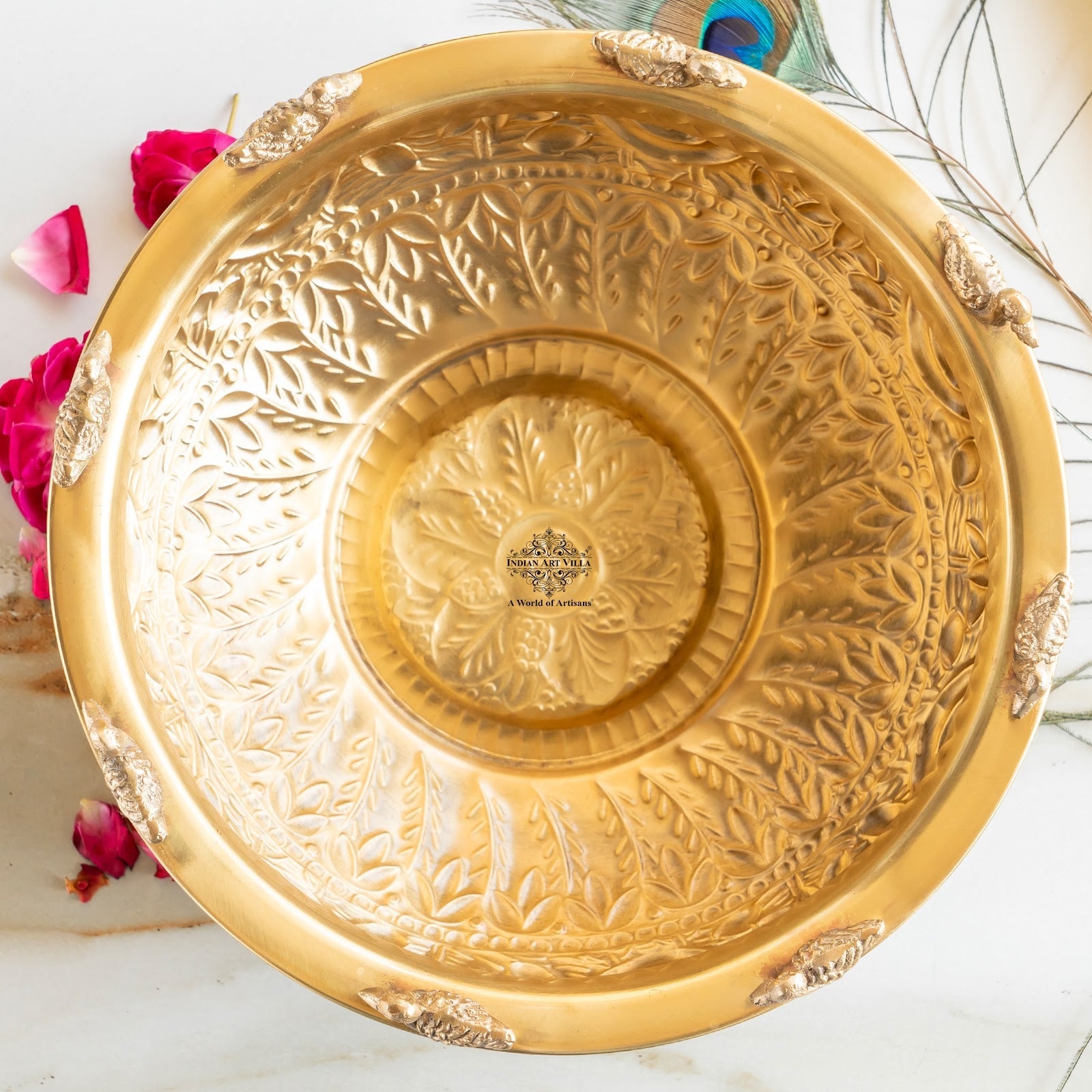 Brass Urli with Embossed Duck & Lotus Flower Design – Traditional Urli