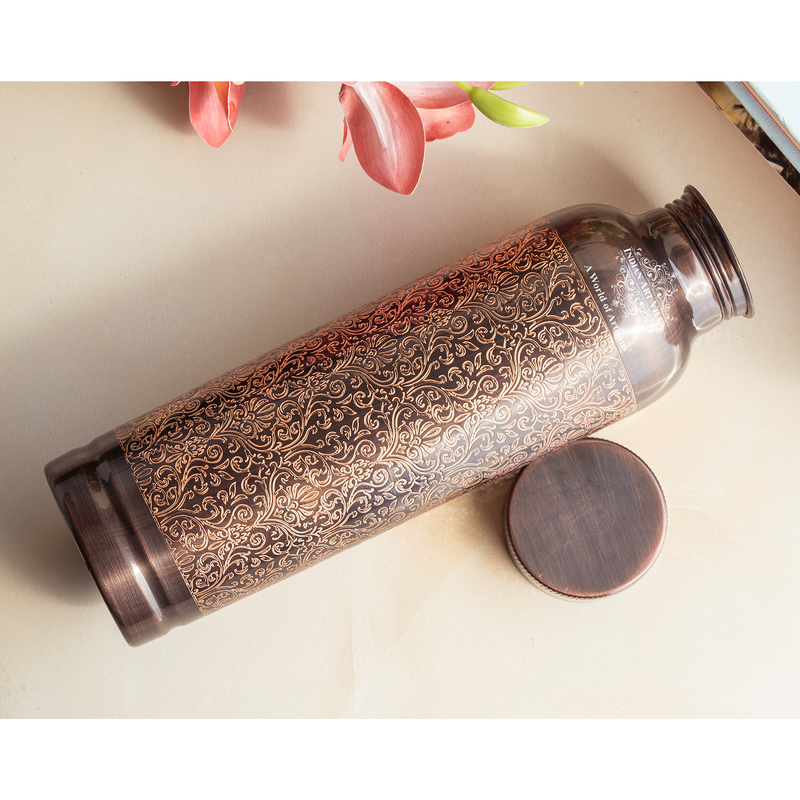 Pure Copper Drinkware Bottle with Antique Dark Embossed Design – 900 ML