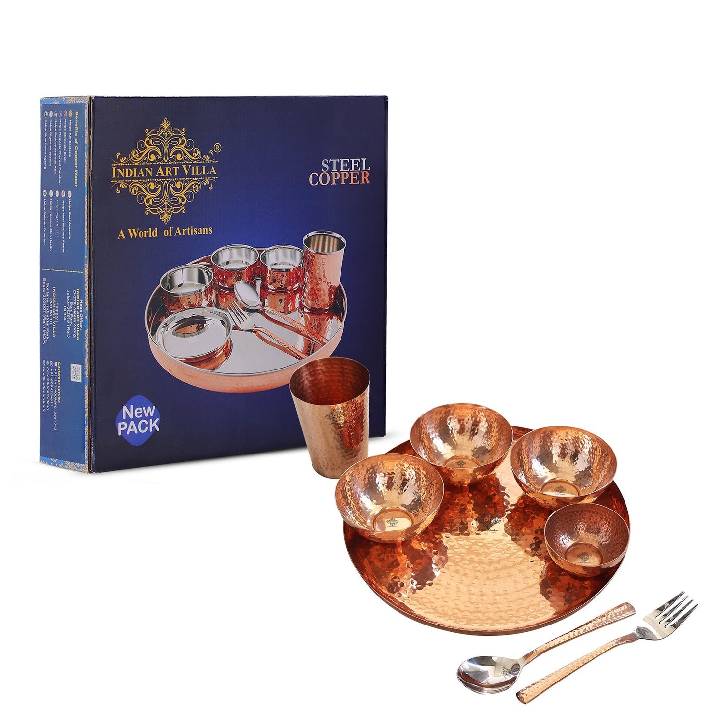 Handcrafted Pure Copper 8 Pieces Dinner Set with Hammered Design