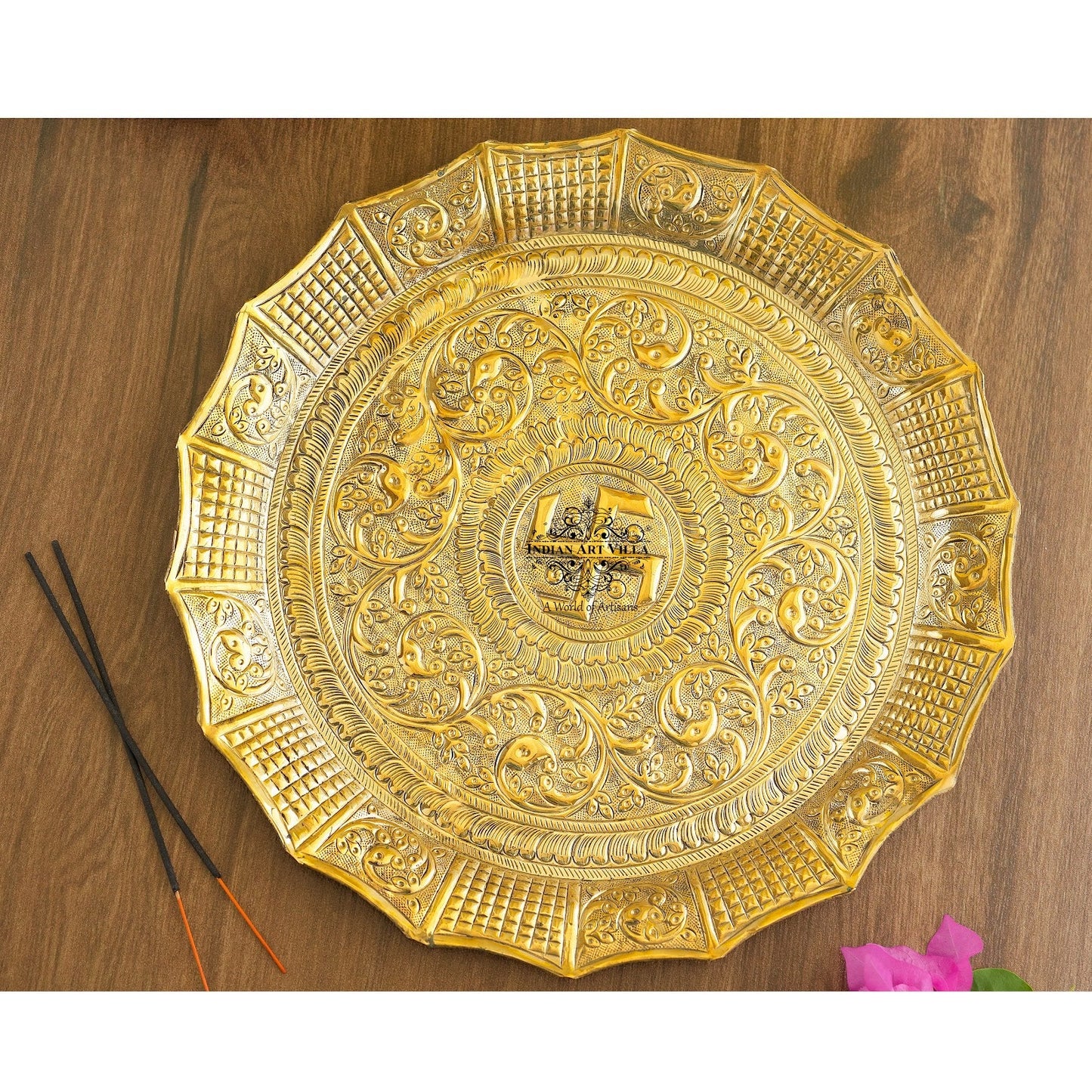 Pure Brass Pooja Thali, Swastik Design, For Spritiual & Pooja, 33.02 cm