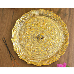 Pure Brass Pooja Thali, Swastik Design, For Spritiual & Pooja, 33.02 cm