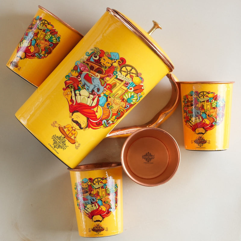 Pure Copper Printed Padharo Mhare Desh Jug & Glass Gift Set