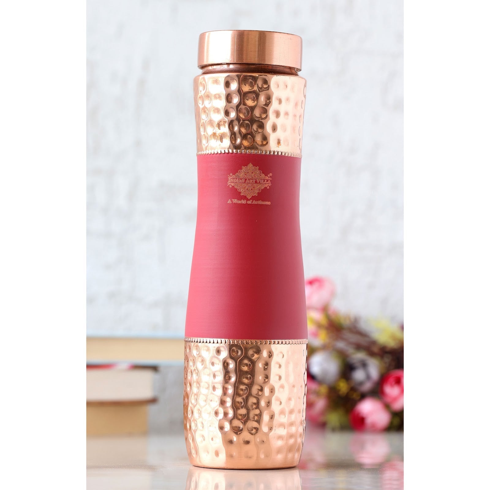 Pure Copper Bottle with Half Hammered and Half Silk Finish Color Design