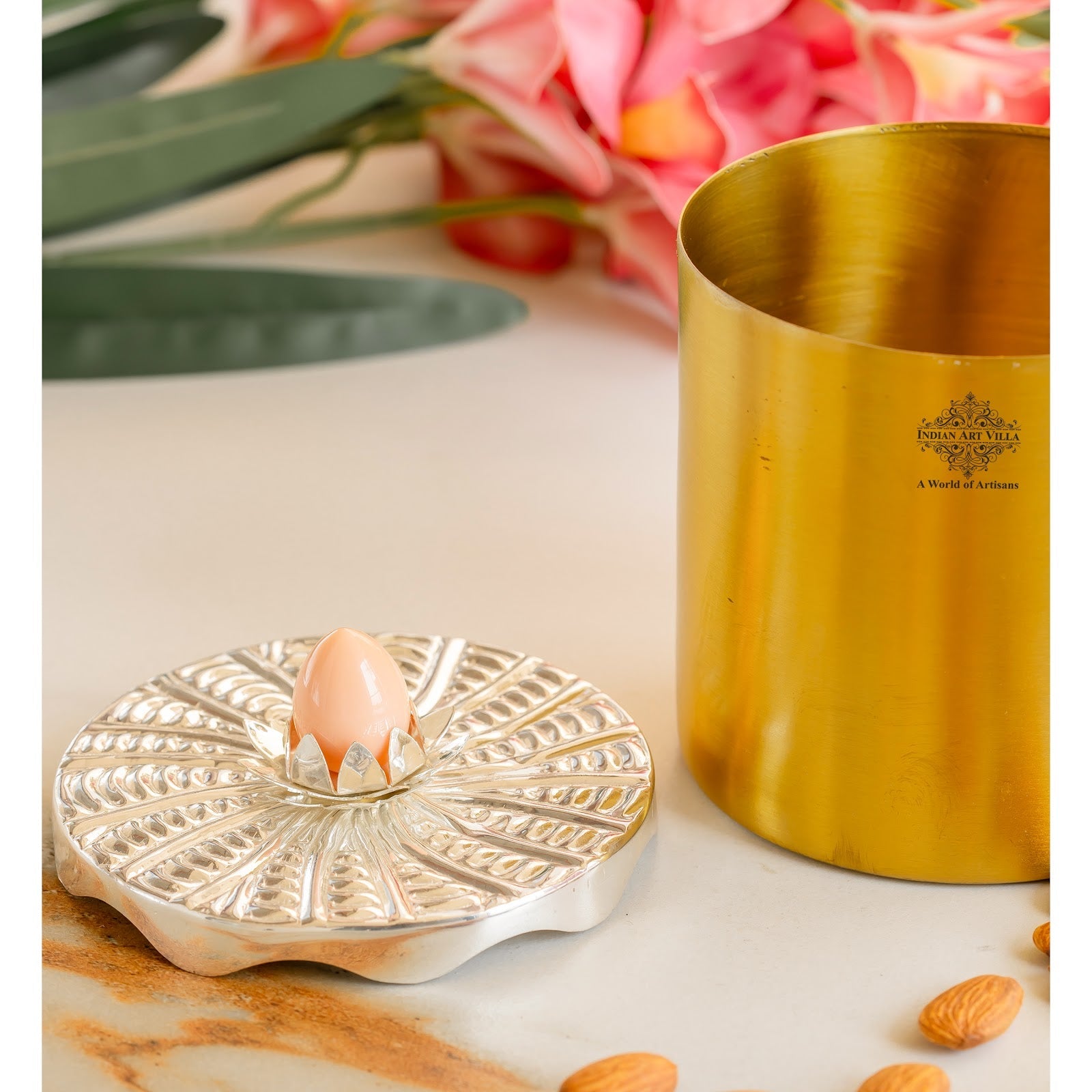 Silver-Plated & Brass Multipurpose Box with Lotus Design Lid, Gold & Silver Finish, Elegant Decorative Box for Dry Fruits, Sweets And Gifting