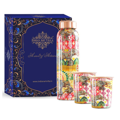 Rajasthani Meena "Padharo Mhare Desh" Printed Copper Bottle & Glass Set