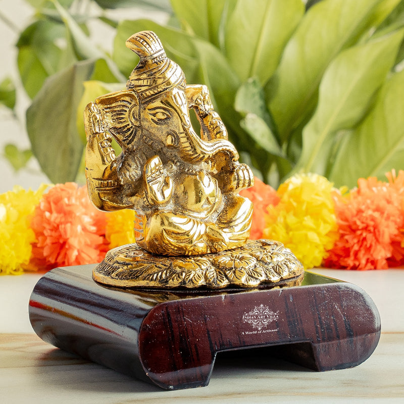 Brass Finish Ganesh Ji Murti with Wooden Base